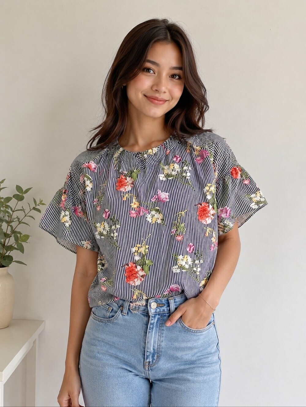 Twine & String Striped Floral Blouse Women’s Medium
